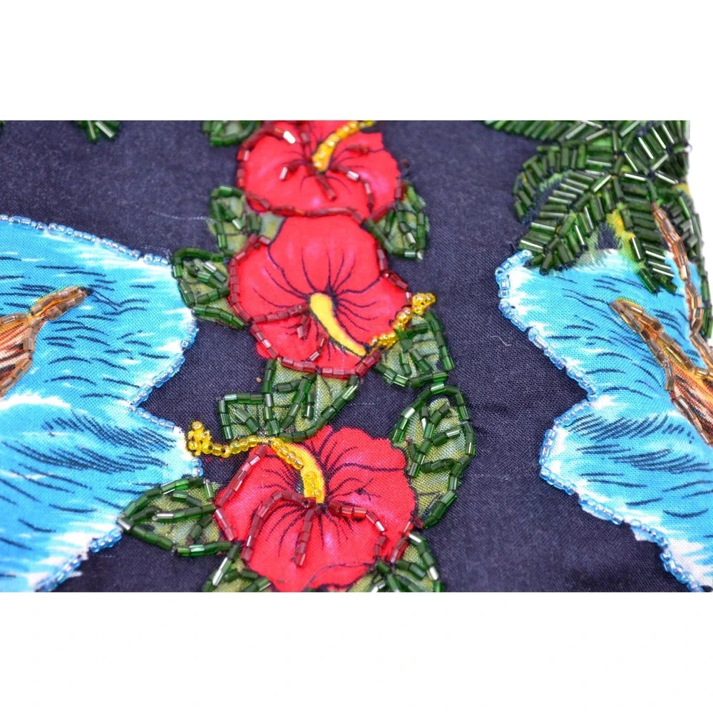 Hawaiian Purse Double Bamboo Handles Hibiscus‎ Floral Catamaran Beaded Fringe